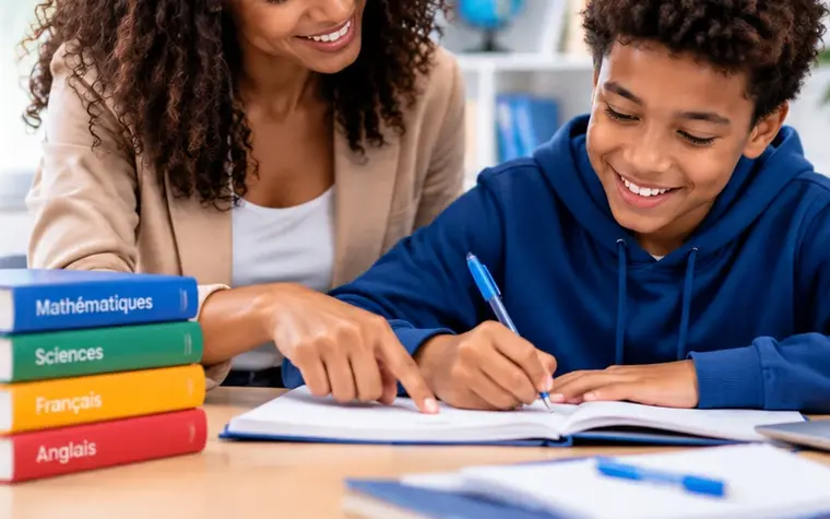 Une enseignante accompagne un élève penché sur son cahier.