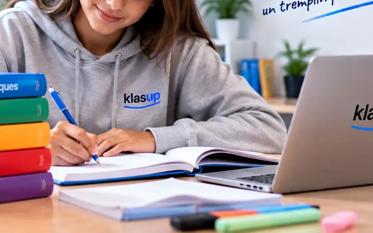 Une élève du secondaire révise, cahier ouvert et ordinateur à côté.