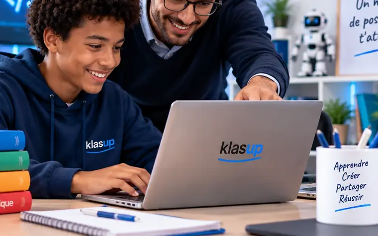 Un élève programme sur un ordinateur portable, guidé par son enseignant.