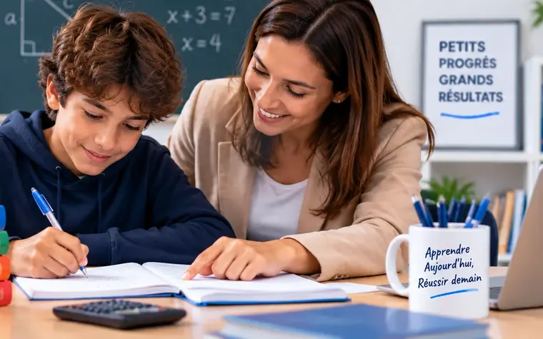 Un élève résout un exercice de mathématiques à côté de son enseignante, devant un tableau.