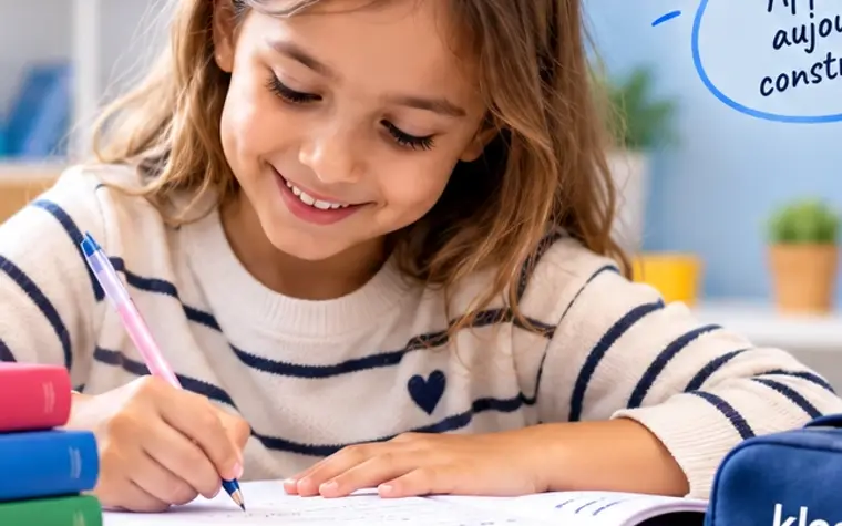 Une élève de primaire écrit dans son cahier, entourée de ses livres.