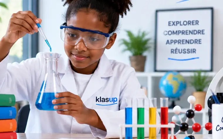 Une élève en blouse de laboratoire verse un liquide dans un erlenmeyer.